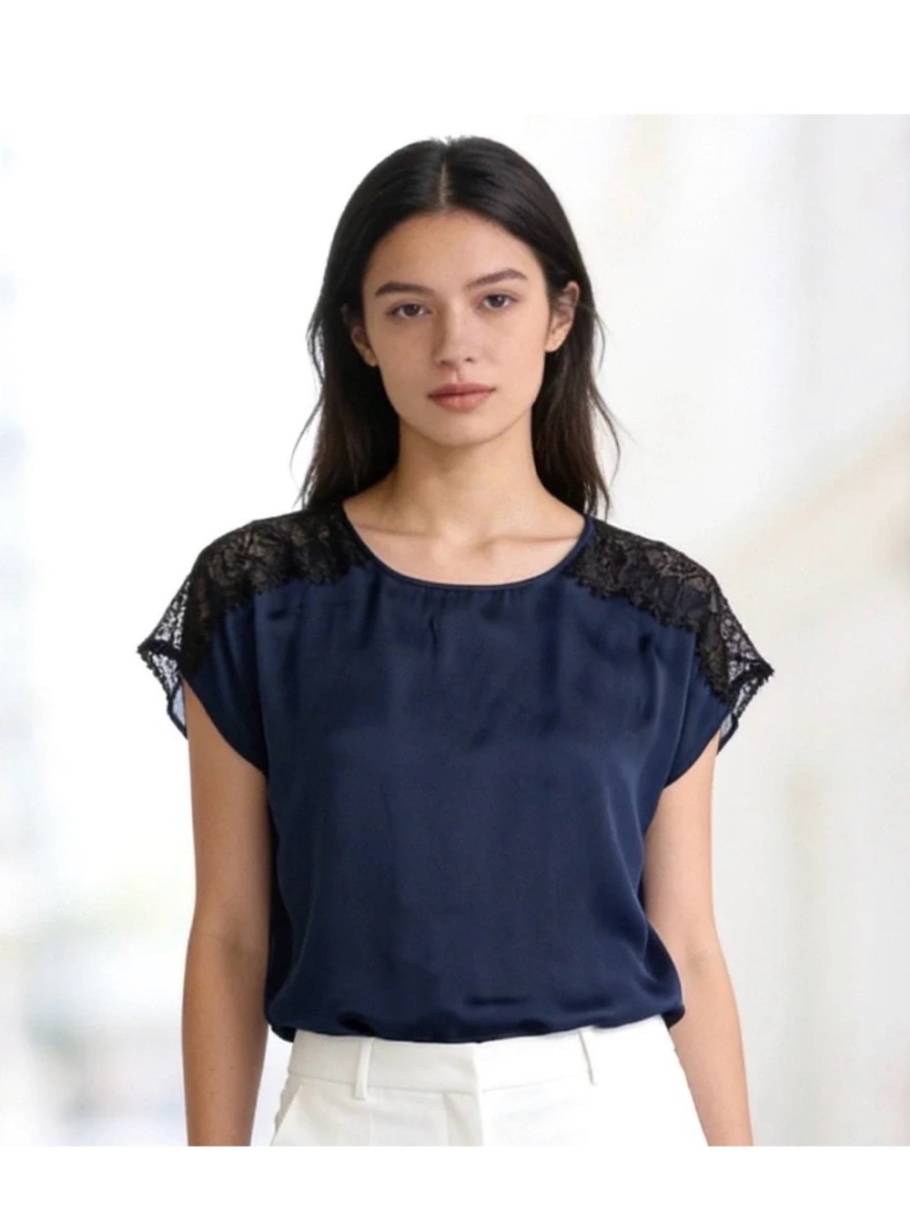 Express Blue Satin Black Sheer Lace on Sleeves & Back Womens Top Blouse Size S